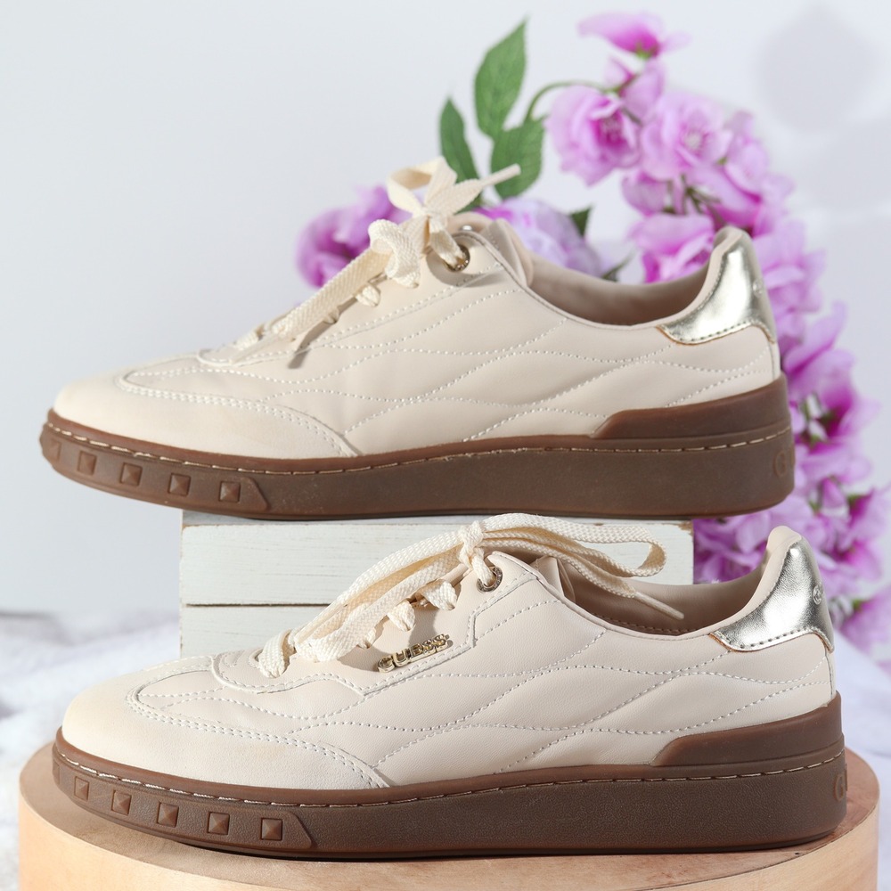 GUESS Womens Cream Gold Quilted Platform Sneakers Studded Brown Sole Low Top